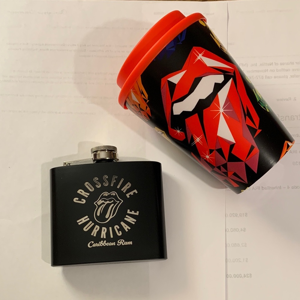 The Rolling Stones Black Flask and Vibrant Red Cup